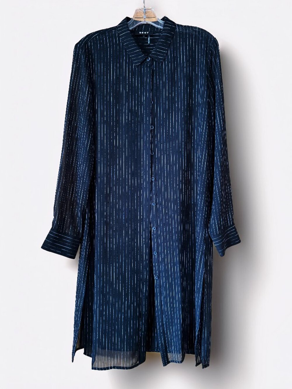 DKNY Black Long Tunic with White Stripes for Women, Size Large